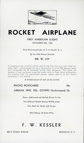 Seller image for ROCKET AIRPLANE FIRST AMERICAN FLIGHT NOVEMBER 24, 1935 FROM GREENWOOD LAKE, N. Y. TO HEWITT, N. J. . [caption title] for sale by Currey, L.W. Inc. ABAA/ILAB