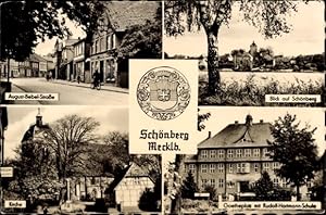 Wappen Ansichtskarte / Postkarte Schönberg in Mecklenburg, August Bebel Straße, Kirche, Rudolf Ha...