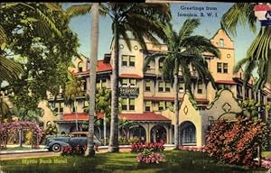 Bild des Verkufers fr Ansichtskarte / Postkarte Jamaika, Myrtle Bank Hotel, exterior view, palm trees, car, flowers zum Verkauf von akpool GmbH