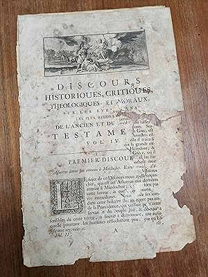 Seller image for [Two leaves only, from:] Discours historiques, critiques, theologiques, et moraux, sur les evenemens les plus memorables de l"ancien et du Nouveau Testament [From volume IV] for sale by Meir Turner