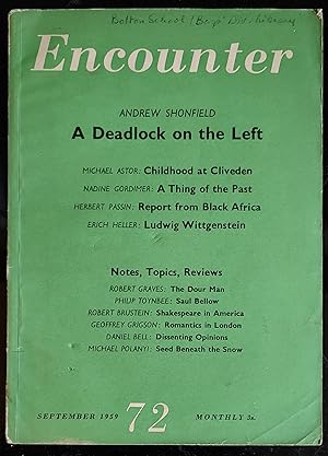 Imagen del vendedor de Encounter September 1959 Volume 13 No. 3 / Nadine Gordimer "A Thing of the Past" / Andrew Shonfield "A Deadlock On The Left" / Michael Astor "Childhood At Cliveden" / Herbert Passin "The Ancient Jar Of Dahome - Letter from Black Africa" / Erich Heller "Ludwig Wittgenstein" / Ted Hughes "Relic" (poetry) / Alan Ross "Rock Paintings, Drakensberg Mts" (poetry) / Robert Brustein "Shakespeare For The Three estates - Letter from New York" / Karl Miller "Samuel Beckett (review)" / Michael Polanyi "The Two Cultures" a la venta por Shore Books