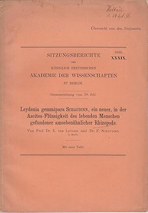 Bild des Verkufers fr Leydenia Gennipara Schaudinn, a new amoeba-like rhizopod found in the ascites fluid of living human zum Verkauf von Robinson Street Books, IOBA