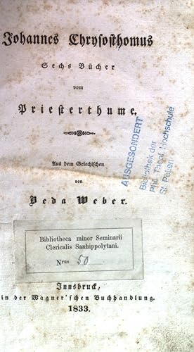 Seller image for Sechs Bcher vom Priesterthume. for sale by books4less (Versandantiquariat Petra Gros GmbH & Co. KG)