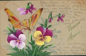 Handgemalt Glitzer Ansichtskarte / Postkarte Glückwunsch Neujahr, Stiefmütterchen, Schmetterling