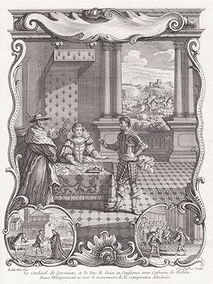 Image du vendeur pour Le Cardinal de Lorrainne et le Duc de Guise en Conference avec Catherine de Medicis." - Caterina de Medici (1519-1589) / Charles de Lorraine / Francois de Lorraine / Conjuration d'Amboise / Renaissance mis en vente par Antiquariat Steffen Vlkel GmbH