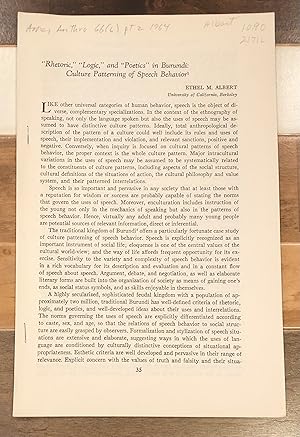 Bild des Verkufers fr American Anthropologist: "Rhetoric," "Logic," and "Poetics" in Burundi: Culture Patterning of Speech Behavior (Paper Reprint from 66(6), Pt 2, 1964) zum Verkauf von Rosario Beach Rare Books