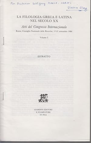 Imagen del vendedor de Unites States. Greek Studies. [From: La Filologia Greca e Latina nel Secolo 20, Atti del Congresso Internazionale, Vol. 1]. Roma, Consiglio Nazionale delle Rocerche, 17-21 settembre 1984. a la venta por Fundus-Online GbR Borkert Schwarz Zerfa