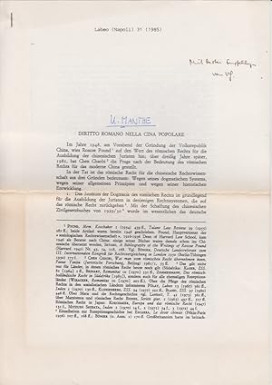 Bild des Verkufers fr Diritto Romano nella Cina Popolare. [Aus: Labeo, Vol. 31, 1985]. zum Verkauf von Fundus-Online GbR Borkert Schwarz Zerfa