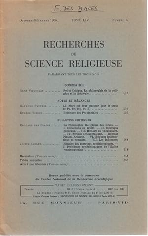 Bulletin de la Philosophie Religieuse des Grecs. [Du: Recherches de Science Religieuse, Tome 54, ...