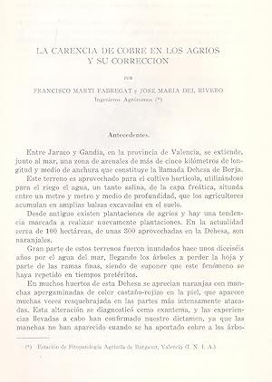 Bild des Verkufers fr LA CARENCIA DE COBRE EN LOS AGRIOS Y SU CORRECCION (EXTRAIDO ORIGINAL DEL AO 1963, TEXTO INTEGRO) zum Verkauf von Libreria 7 Soles
