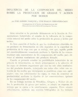 Immagine del venditore per INFLUENCIA DE LA COMPOSICION DEL MEDIO SOBRE PRODUCCION DE GRASAS Y ACIDOS POR MOHOS (EXTRAIDO ORIGINAL DEL AO 1955, ESTUDIO COMPLETO TEXTO INTEGRO) venduto da Libreria 7 Soles