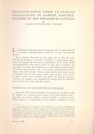 Seller image for RECAPITULACION SOBRE LA FAMILIA ZARAGOZANA DE GABRIEL SANCHEZ, TESORERO DE DON FERNANDO EL CATOLICO (EXTRAIDO ORIGINAL DEL AO 1959, ESTUDIO COMPLETO TEXTO INTEGRO) for sale by Libreria 7 Soles