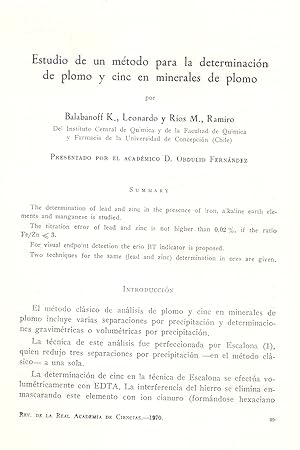 Seller image for ESTUDIO DE UN METODO PARA LA DETERMINACION DE PLOMO Y CINC EN MINERALES DE PLOMO (EXTRAIDO ORIGINAL DEL AO 1970, ESTUDIO COMPLETO TEXTO INTEGRO) for sale by Libreria 7 Soles