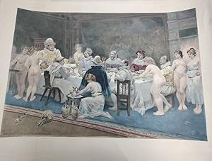 Bild des Verkufers fr Grande gravure colorise "autour d'un repas" Nudit des femmes zum Verkauf von JOIE DE LIRE