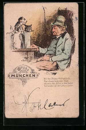 Lithographie München, Trinkerhumor, Mann mit Äffchen und Katze in den Bierkrügen