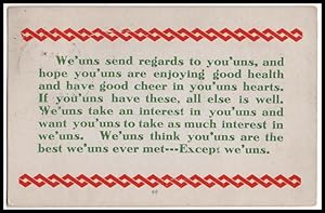 Bild des Verkufers fr classic postcard literature: We'uns send regards to you'uns zum Verkauf von Mobyville