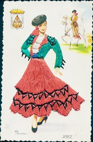 Seidenstick Künstler Ansichtskarte / Postkarte Jerez de la Frontera Andalusien Spanien, Frau in T...