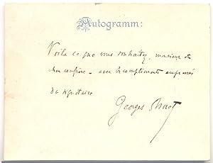 Inscribed and signed lines by French novelist Georges Ohnet (1848-1918) on autograph card.