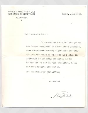 Typewritten and signed letter from the German pianist Max Pauer (1866-1945) to the Hungarian pian...