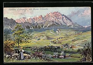 Künstler-Ansichtskarte Hans Treiber: Cortina d`Ampezzo, Panorama mit Monte Cristallo
