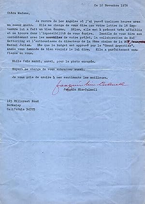 Imagen del vendedor de Lettre dactylographie signe adresse  Ghislaine Durrell, 12 novembre 1976. a la venta por Librairie Jean-Yves Lacroix