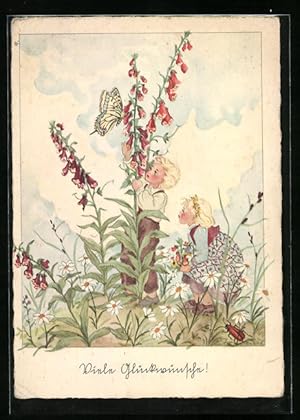 Bild des Verkufers fr Knstler-Ansichtskarte Schwarz-Torino: Kinderpaar mit Blumen und Schmetterling, Gckwunsch zum Verkauf von Bartko-Reher