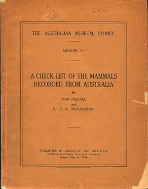 Seller image for A check-list of the mammals recorded from Australia. for sale by Andrew Isles Natural History Books