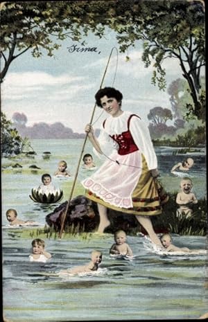 Ansichtskarte / Postkarte Frau mit Angel, Babys im Wasser