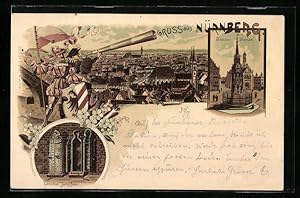 Bild des Verkäufers für Lithographie Nürnberg, Schöner Brunnen, Panorama, Eiserne Jungfrau zum Verkauf von Bartko-Reher