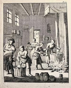 [Antique etching, gastronomy, making ice cream, 1682] Vervaardiging van sorbet in een keuken te R...