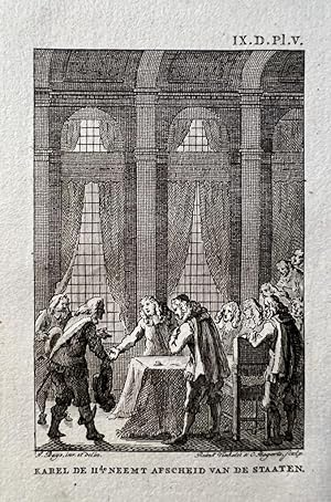 [Antique etching, departure of Charles II from Scheveningen in 1660] "Karel de IIde neemt afschei...