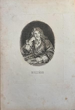 [Antique copperengraving, Molière, ca 1850] Portrait print of Molière with arms leaning on two bo...