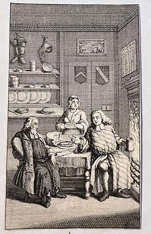 [Antique etching, gastronomy] View of a kitchen with cooking oven and a drinking person and some ...
