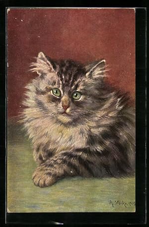 Bild des Verkufers fr Knstler-Ansichtskarte Portrait einer getigerten Katze mit grnen Augen zum Verkauf von Bartko-Reher