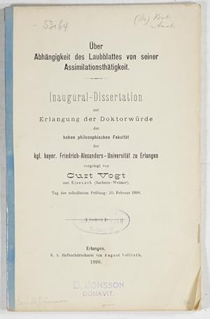Seller image for �ber die Abh�ngigkeit des Laubblattes von seiner Assimilationsth�tigkeit. Diss. for sale by Antiq. F.-D. S�hn - Medicusbooks.Com