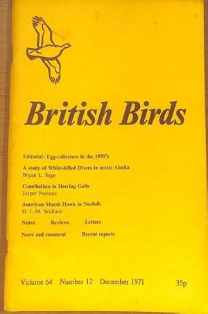 Image du vendeur pour British Birds Volume 64 Nos. 8-12; August to December 1971. mis en vente par WeBuyBooks