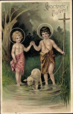 Ansichtskarte / Postkarte Glückwunsch Ostern, Heilige am Wasser, Kreuz, Lamm