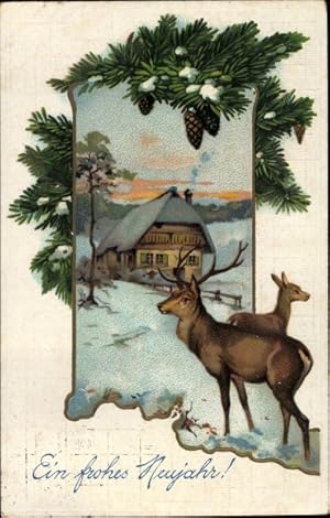 Präge Ansichtskarte / Postkarte Glückwunsch Neujahr, Hirsch, Reh, Haus, Tannenzweige