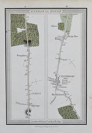 Antique Map CANTERBURY, OSPRINGE, BOUGHTON, BRIDGE,KENT, E. Mogg Strip Road Map 1808