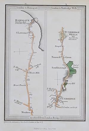 Antique Map RAMSGATE, TUNBRIDGE WELLS, TUNBRIDGE, KENT, E. Mogg Strip Road Map 1814