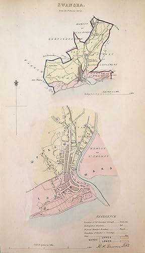 Antique Map SWANSEA, WALES, City and Street Plan, Dawson Original 1832