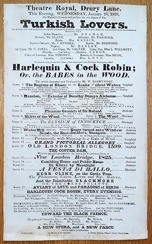 THEATRE ROYAL Drury Lane Bill Broadside Pantomime Babes in the Wood antique 1828