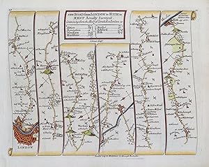Antique Map LONDON to HYTHE KENT Ashford Maidstone Bowles/Senex Strip Road Map c1749