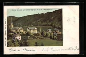 Ansichtskarte Dussnang, Neue Kirche mit Kurhaus und Haushaltungsschule