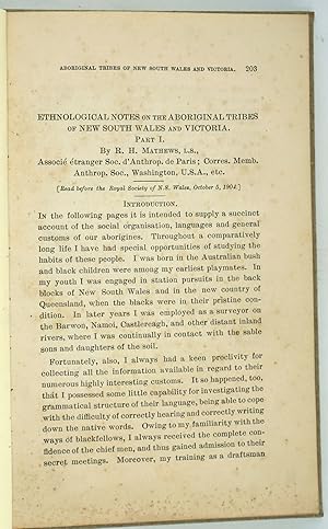 Bild des Verkufers fr Ethnological notes on the Aboriginal Tribes of New South Wales and Victoria. Part 1 zum Verkauf von Antipodean Books, Maps & Prints, ABAA