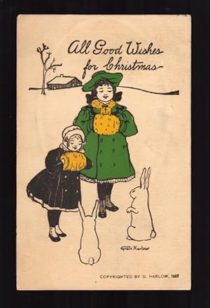 Girls Talking to Rabbits in the Snow Christmas Postcard