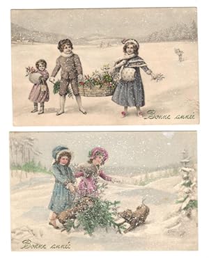 Collecting Holly & Mistletoe in Snow Effect Christmas NY Greetings Postcards x 2