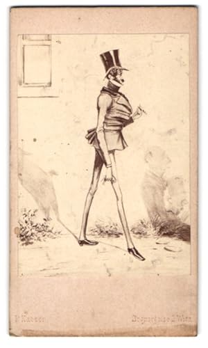 Fotografie P. Kaeser, Wien, Karikatur eines Mannes im Anzug mit Zylinder, Zigarette rauchend, nac...