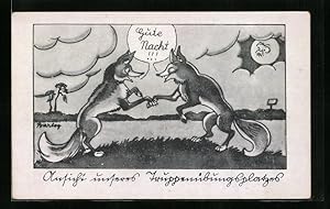 Bild des Verkufers fr Knstler-Ansichtskarte Ferdinand Barlog: Truppenbungsplatz, Fchse sagen sich Gute Nacht zum Verkauf von Bartko-Reher