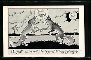 Bild des Verkufers fr Knstler-Ansichtskarte Ferdinand Barlog: Truppenbungsplatz, Fchse sagen sich Gute Nacht zum Verkauf von Bartko-Reher